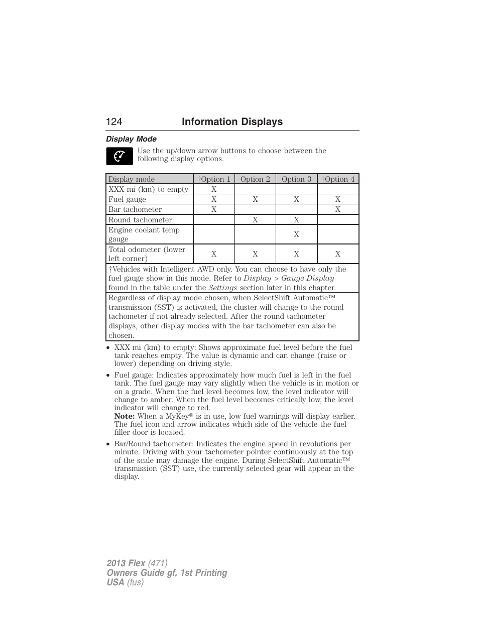Display mode, 124 information displays | FORD 2013 Flex v.1 User Manual | Page 124 / 558