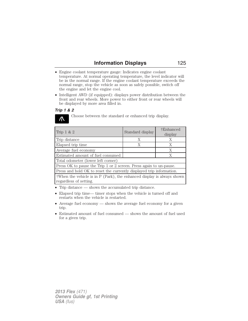 Trip 1 & 2, Information displays 125 | FORD 2013 Flex v.1 User Manual | Page 125 / 558