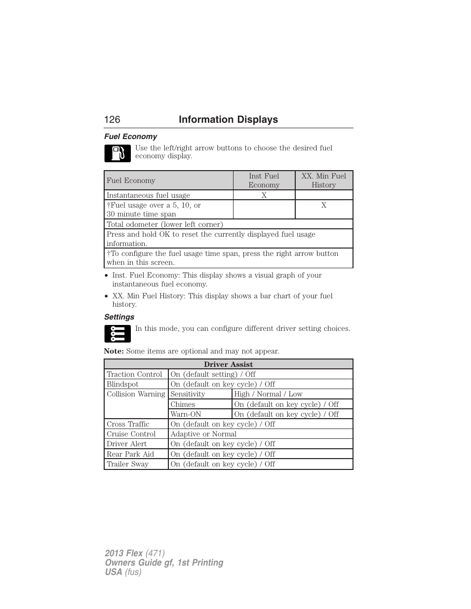 Fuel economy, Settings, 126 information displays | FORD 2013 Flex v.1 User Manual | Page 126 / 558