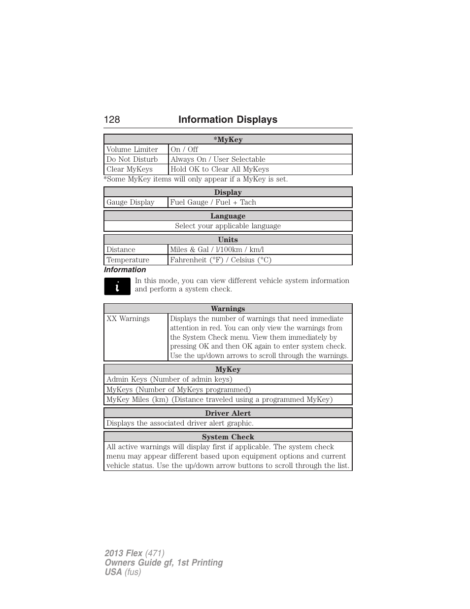 Information, 128 information displays | FORD 2013 Flex v.1 User Manual | Page 128 / 558