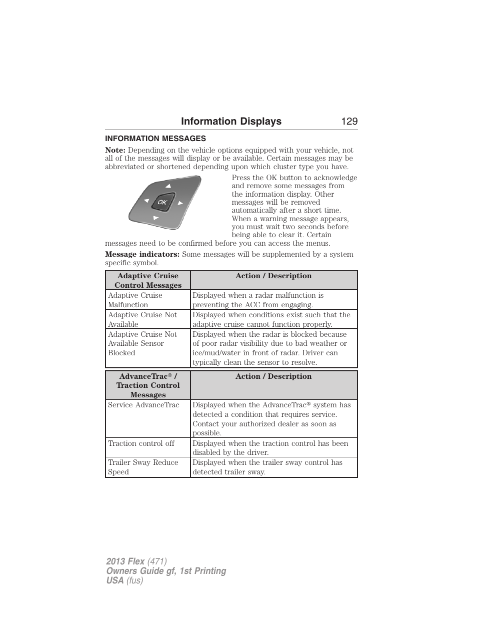 Information messages, Information displays 129 | FORD 2013 Flex v.1 User Manual | Page 129 / 558