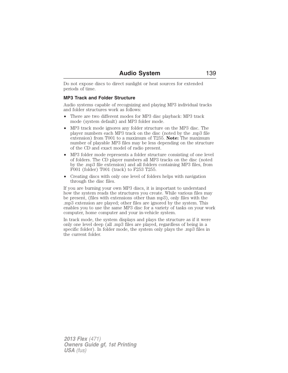 Mp3 track and folder structure, Audio system 139 | FORD 2013 Flex v.1 User Manual | Page 139 / 558