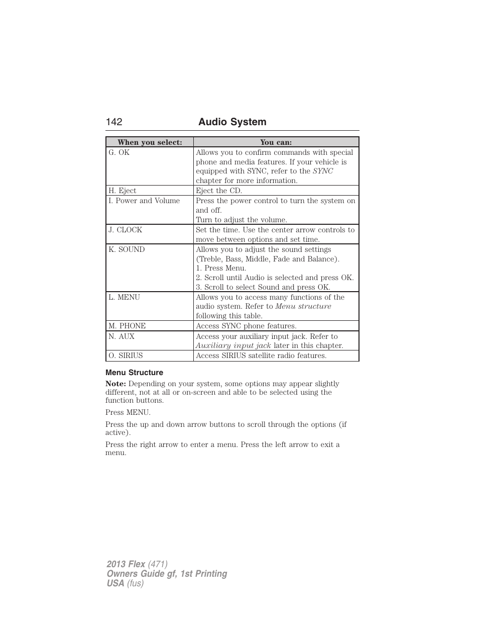 Menu structure, 142 audio system | FORD 2013 Flex v.1 User Manual | Page 142 / 558