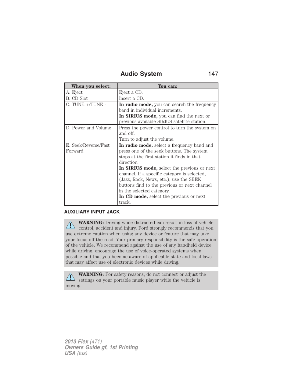 Auxiliary input jack, Audio system 147 | FORD 2013 Flex v.1 User Manual | Page 147 / 558