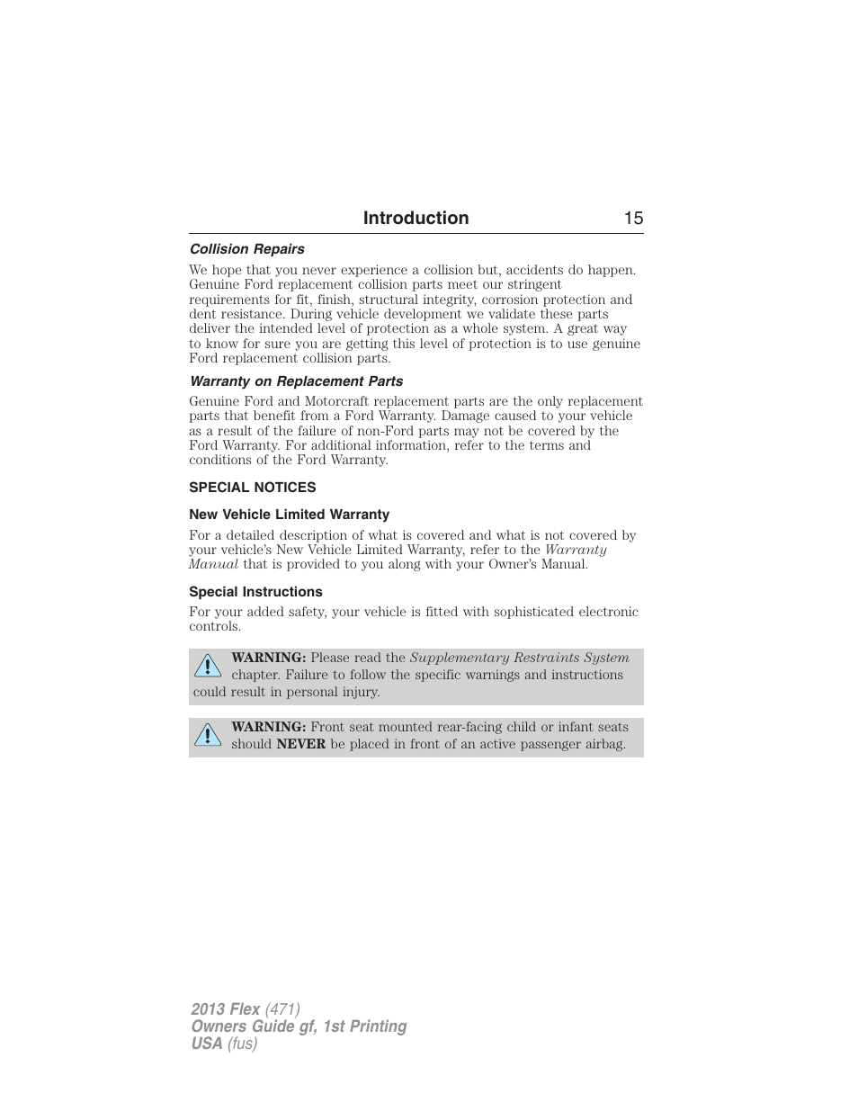 Collision repairs, Warranty on replacement parts, Special notices | New vehicle limited warranty, Special instructions, Introduction 15 | FORD 2013 Flex v.1 User Manual | Page 15 / 558