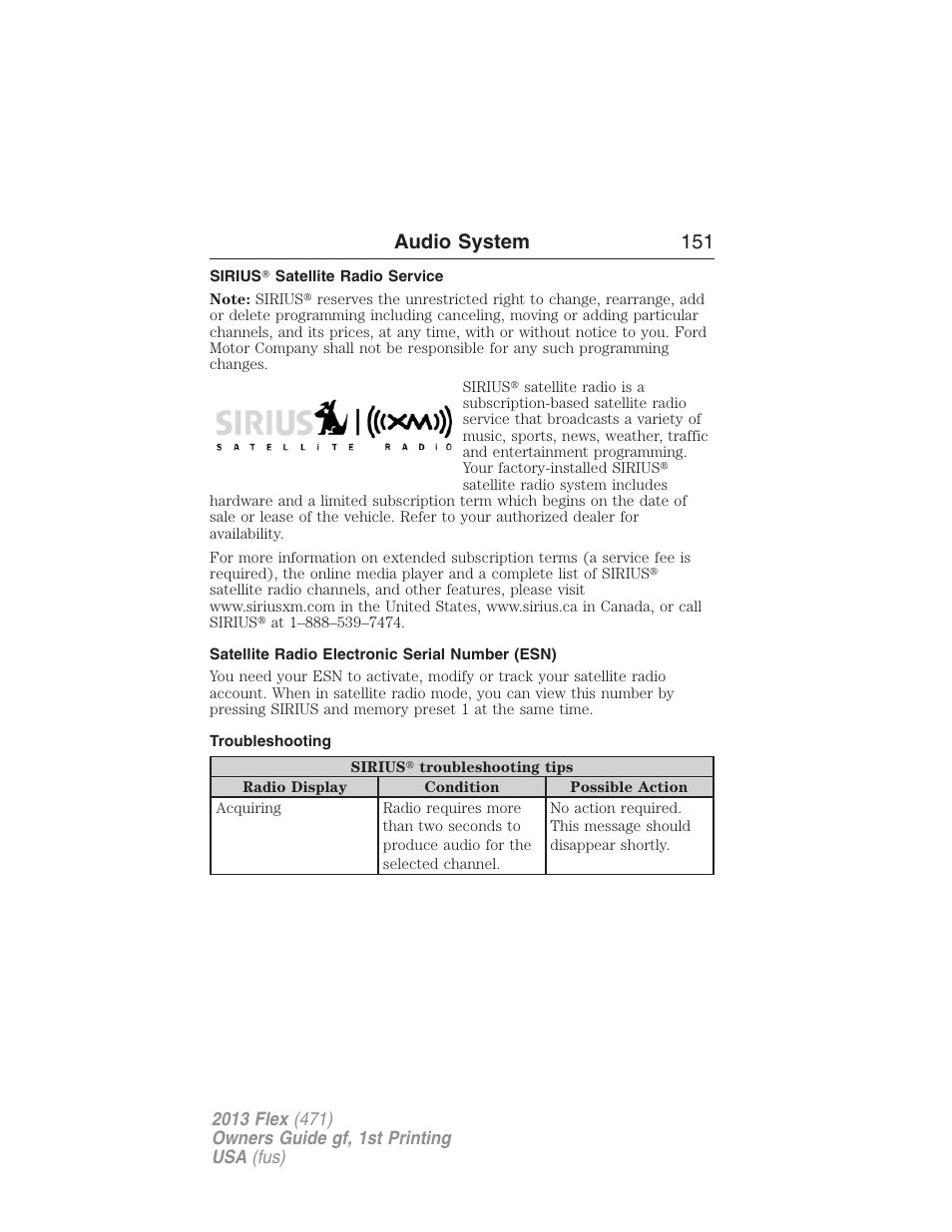 Sirius? satellite radio service, Satellite radio electronic serial number (esn), Troubleshooting | Audio system 151 | FORD 2013 Flex v.1 User Manual | Page 151 / 558