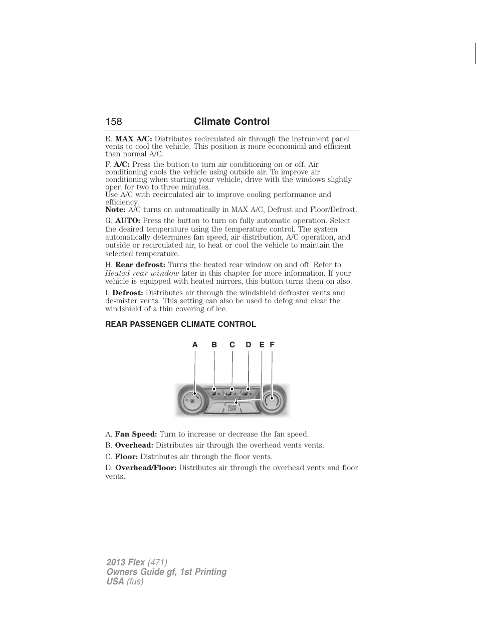 Rear passenger climate control, Auxiliary passenger climate control, 158 climate control | FORD 2013 Flex v.1 User Manual | Page 158 / 558