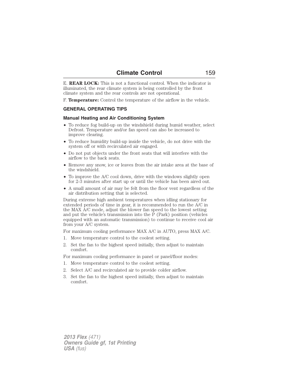 General operating tips, Manual heating and air conditioning system, Climate control 159 | FORD 2013 Flex v.1 User Manual | Page 159 / 558