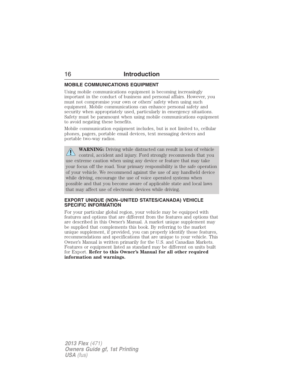 Mobile communications equipment, 16 introduction | FORD 2013 Flex v.1 User Manual | Page 16 / 558