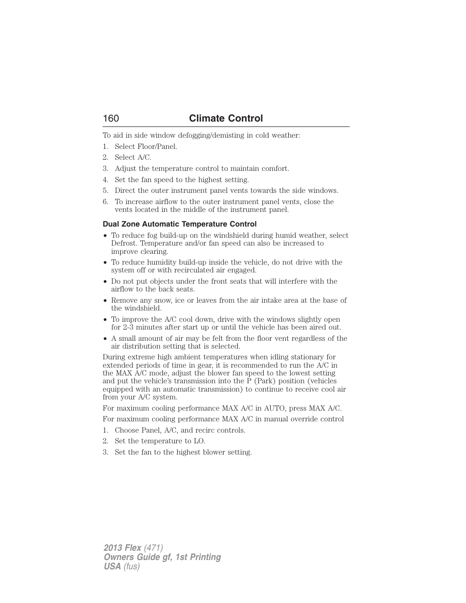 Dual zone automatic temperature control, 160 climate control | FORD 2013 Flex v.1 User Manual | Page 160 / 558