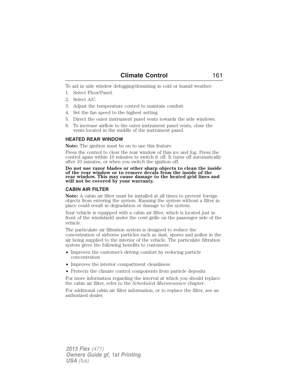 Heated rear window, Cabin air filter, Rear window defroster | Climate control 161 | FORD 2013 Flex v.1 User Manual | Page 161 / 558