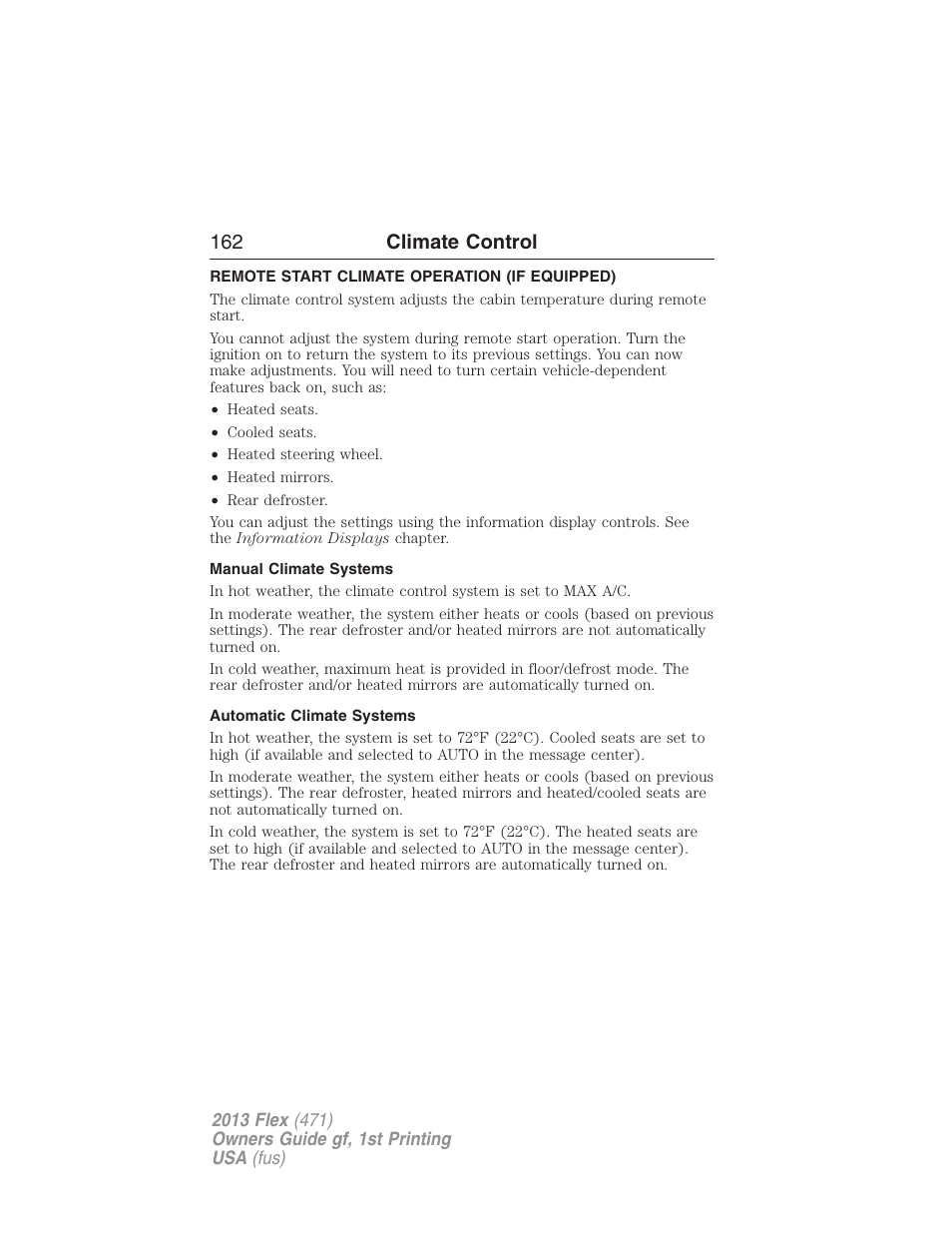 Remote start climate operation (if equipped), Manual climate systems, Automatic climate systems | 162 climate control | FORD 2013 Flex v.1 User Manual | Page 162 / 558