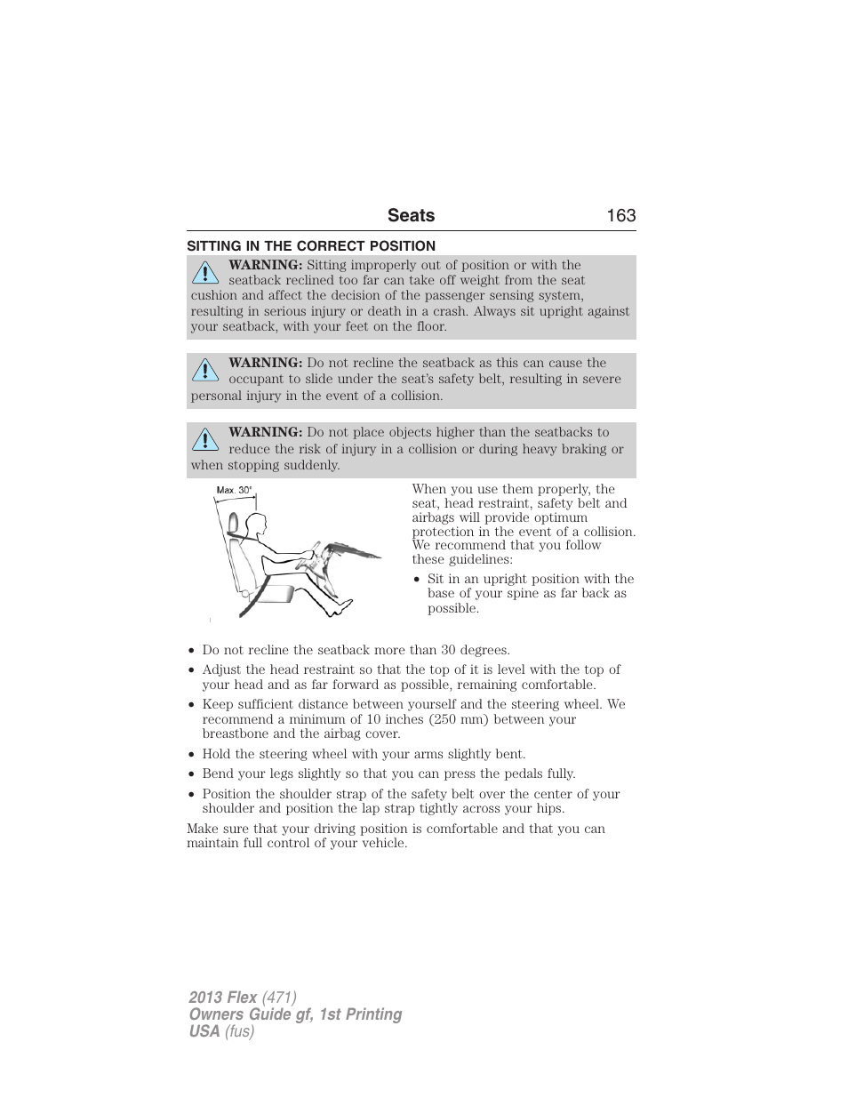 Seats, Sitting in the correct position, Seats 163 | FORD 2013 Flex v.1 User Manual | Page 163 / 558