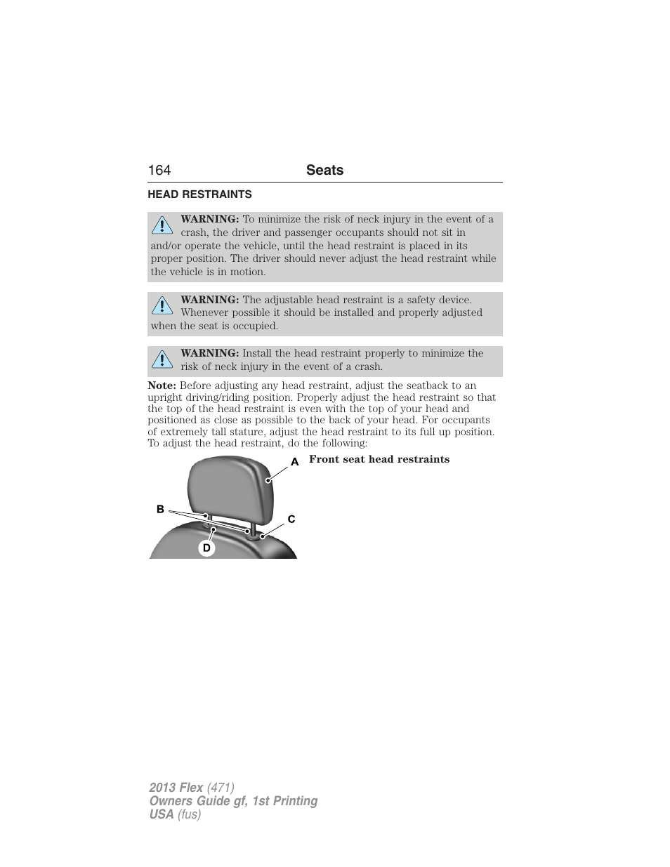 Head restraints, 164 seats | FORD 2013 Flex v.1 User Manual | Page 164 / 558