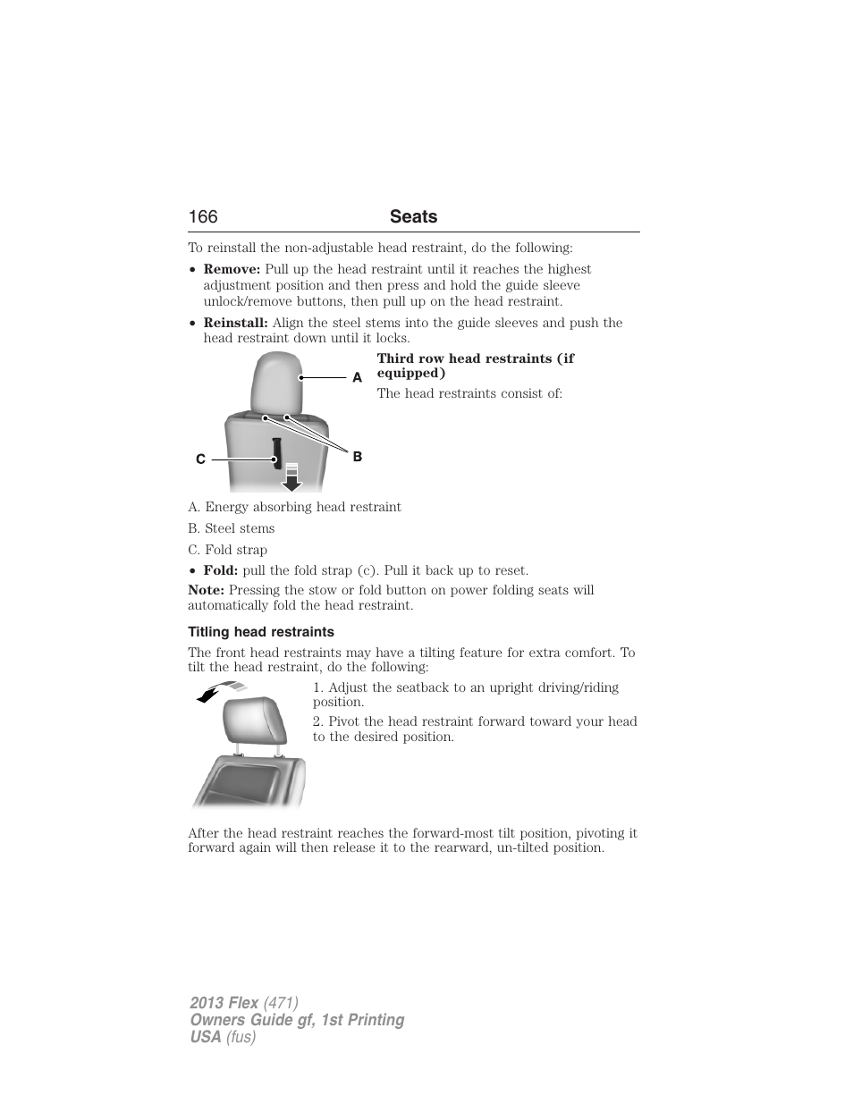 Titling head restraints, 166 seats | FORD 2013 Flex v.1 User Manual | Page 166 / 558