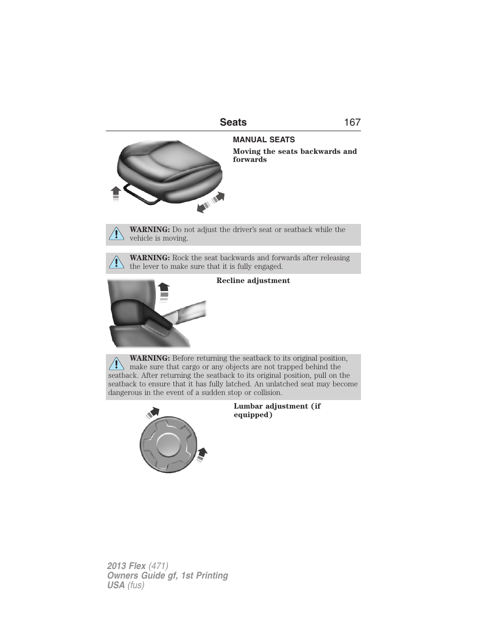 Manual seats, Seats 167 | FORD 2013 Flex v.1 User Manual | Page 167 / 558