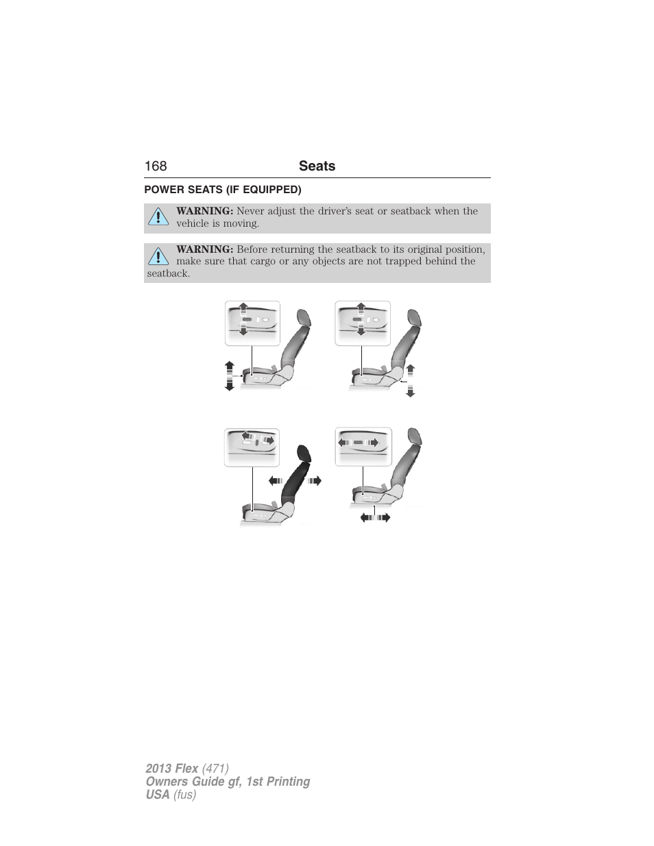 Power seats (if equipped), Power seats | FORD 2013 Flex v.1 User Manual | Page 168 / 558