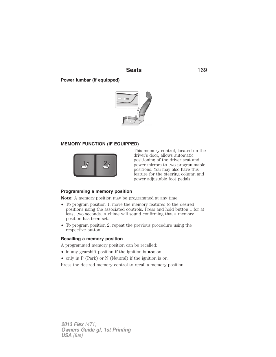 Power lumbar (if equipped), Memory function (if equipped), Programming a memory position | Recalling a memory position, Memory function | FORD 2013 Flex v.1 User Manual | Page 169 / 558