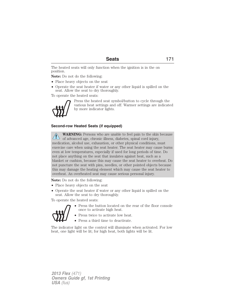 Second-row heated seats (if equipped), Seats 171 | FORD 2013 Flex v.1 User Manual | Page 171 / 558