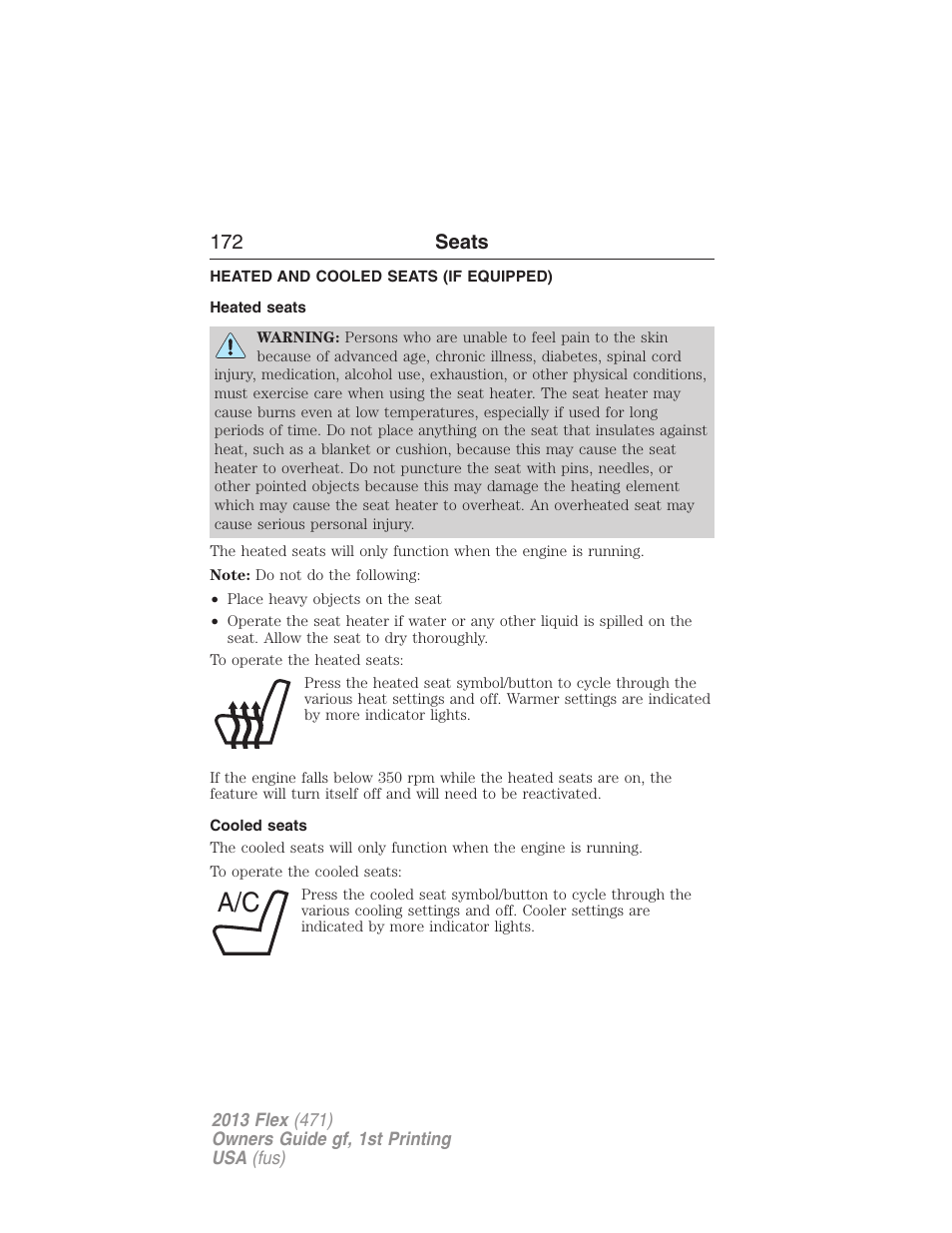 Heated and cooled seats (if equipped), Heated seats, Cooled seats | Heated and cooled seats, 172 seats | FORD 2013 Flex v.1 User Manual | Page 172 / 558