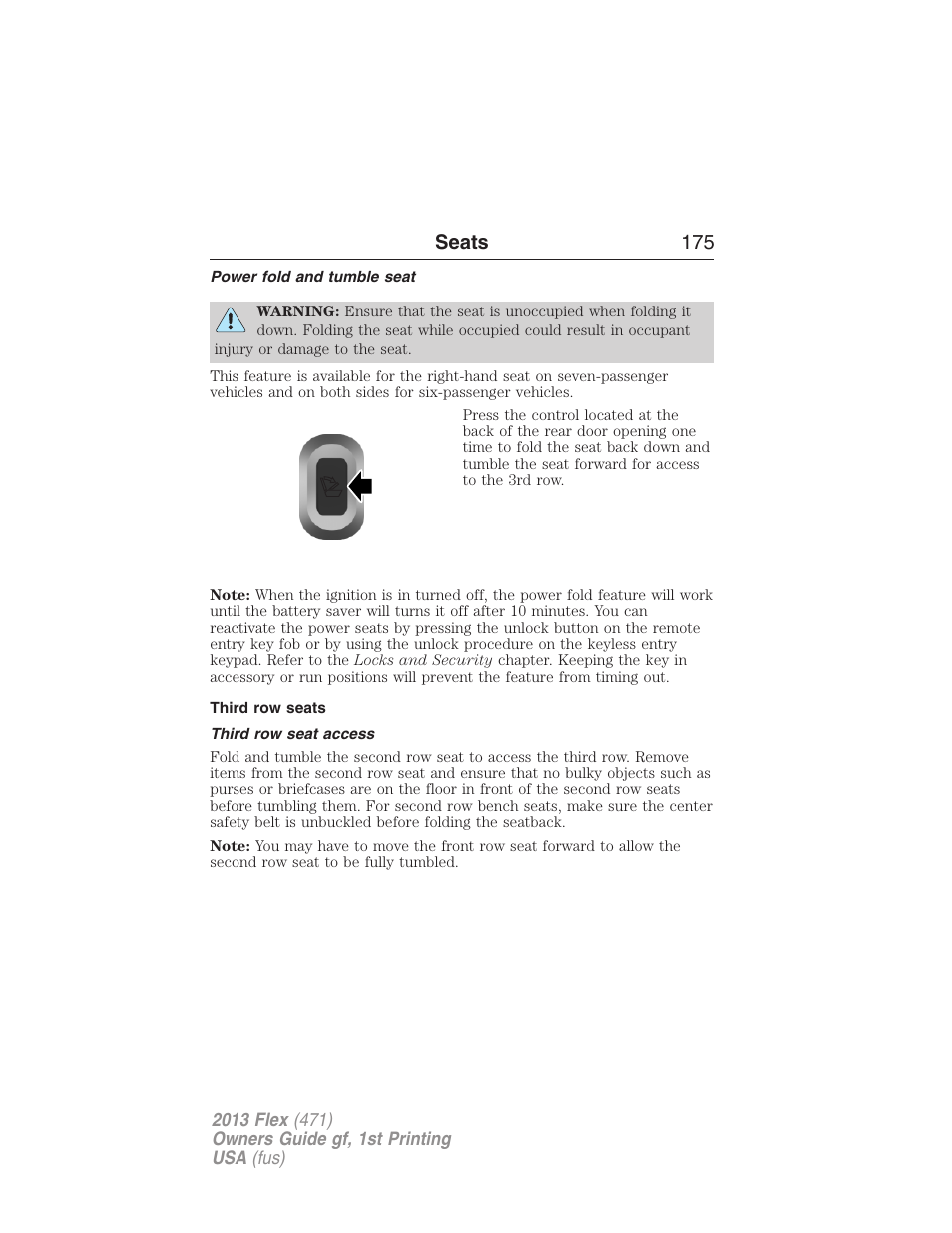 Power fold and tumble seat, Third row seats, Third row seat access | Seats 175 | FORD 2013 Flex v.1 User Manual | Page 175 / 558