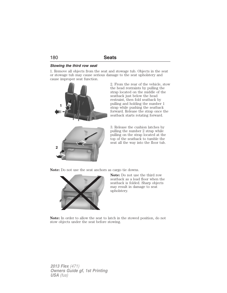 Stowing the third row seat, 180 seats | FORD 2013 Flex v.1 User Manual | Page 180 / 558