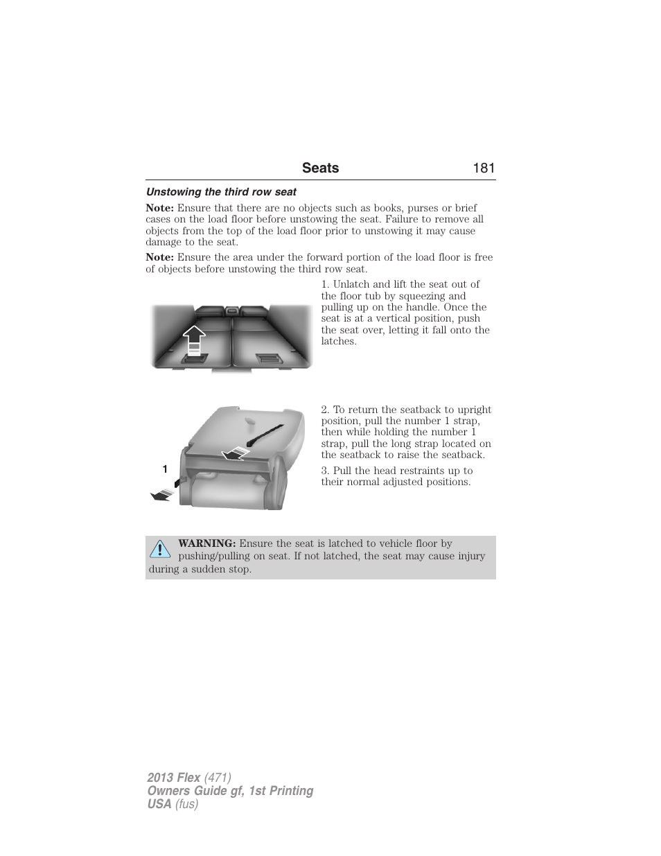 Unstowing the third row seat, Seats 181 | FORD 2013 Flex v.1 User Manual | Page 181 / 558