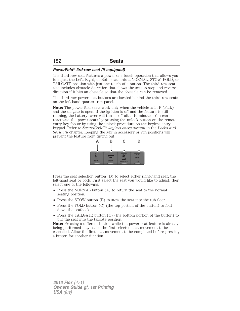 Powerfold? 3rd-row seat (if equipped), 182 seats | FORD 2013 Flex v.1 User Manual | Page 182 / 558