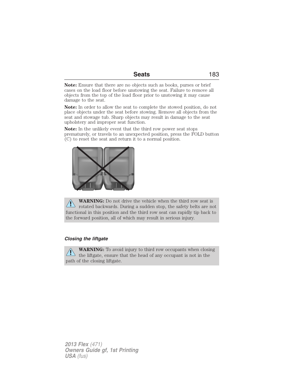 Closing the liftgate, Seats 183 | FORD 2013 Flex v.1 User Manual | Page 183 / 558