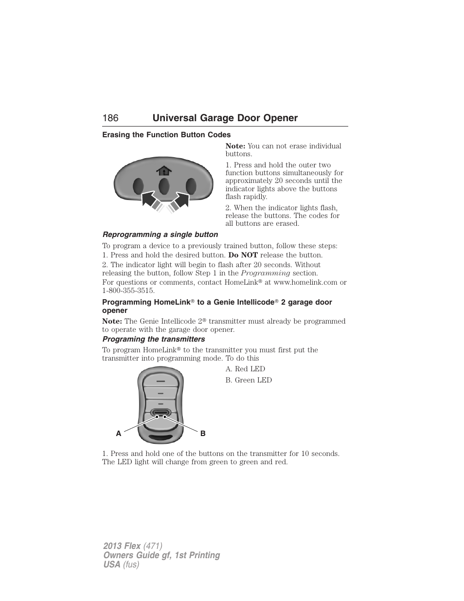 Erasing the function button codes, Reprogramming a single button, Programing the transmitters | 186 universal garage door opener | FORD 2013 Flex v.1 User Manual | Page 186 / 558