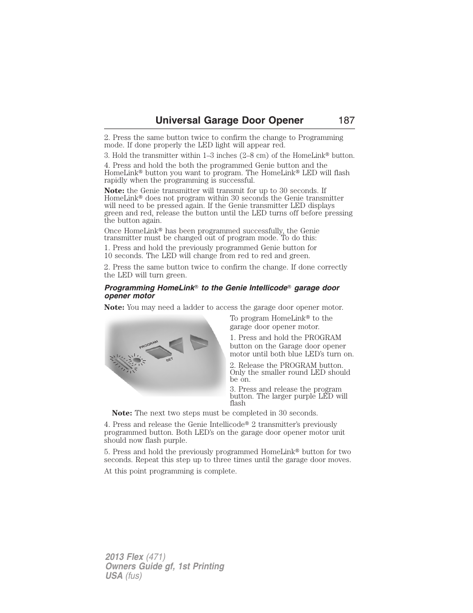 Universal garage door opener 187 | FORD 2013 Flex v.1 User Manual | Page 187 / 558