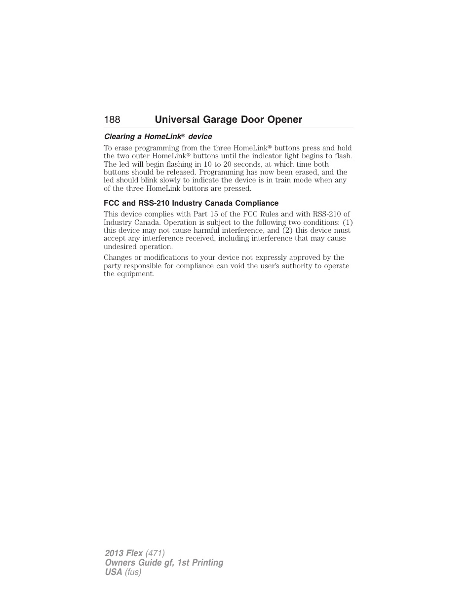 Clearing a homelink? device, Fcc and rss-210 industry canada compliance, 188 universal garage door opener | FORD 2013 Flex v.1 User Manual | Page 188 / 558