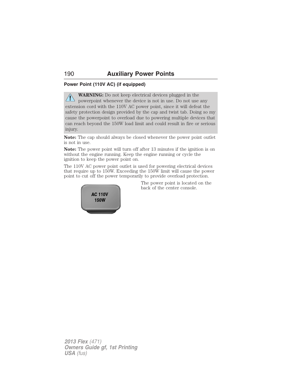 Power point (110v ac) (if equipped), 190 auxiliary power points | FORD 2013 Flex v.1 User Manual | Page 190 / 558