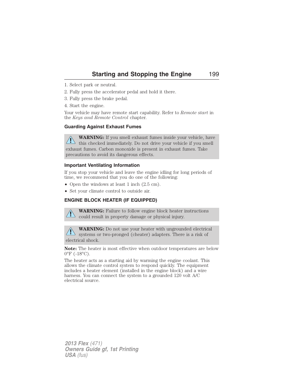 Guarding against exhaust fumes, Important ventilating information, Engine block heater (if equipped) | Engine block heater, Starting and stopping the engine 199 | FORD 2013 Flex v.1 User Manual | Page 199 / 558