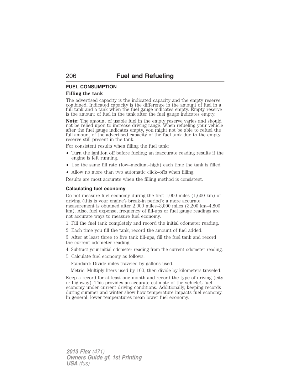Fuel consumption, Calculating fuel economy, 206 fuel and refueling | FORD 2013 Flex v.1 User Manual | Page 206 / 558