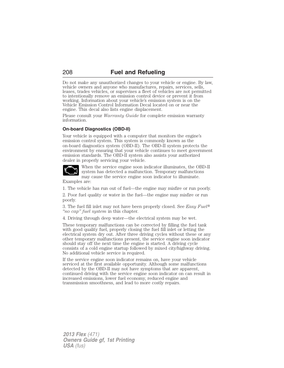 On-board diagnostics (obd-ii), 208 fuel and refueling | FORD 2013 Flex v.1 User Manual | Page 208 / 558