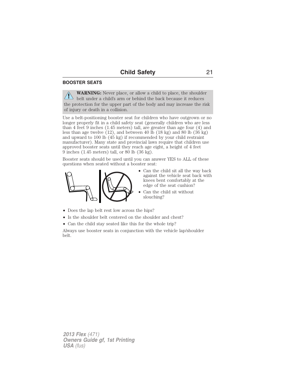 Booster seats, Child safety 21 | FORD 2013 Flex v.1 User Manual | Page 21 / 558