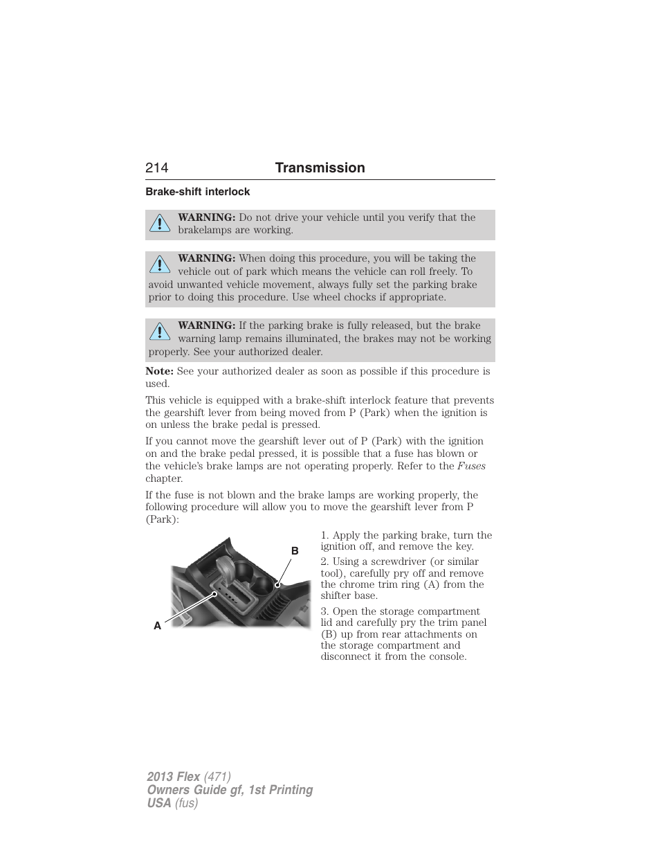 Brake-shift interlock, 214 transmission | FORD 2013 Flex v.1 User Manual | Page 214 / 558