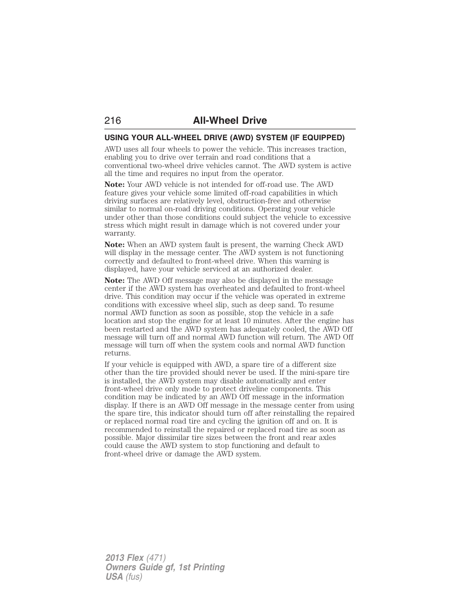 All-wheel drive, All wheel drive, 216 all-wheel drive | FORD 2013 Flex v.1 User Manual | Page 216 / 558