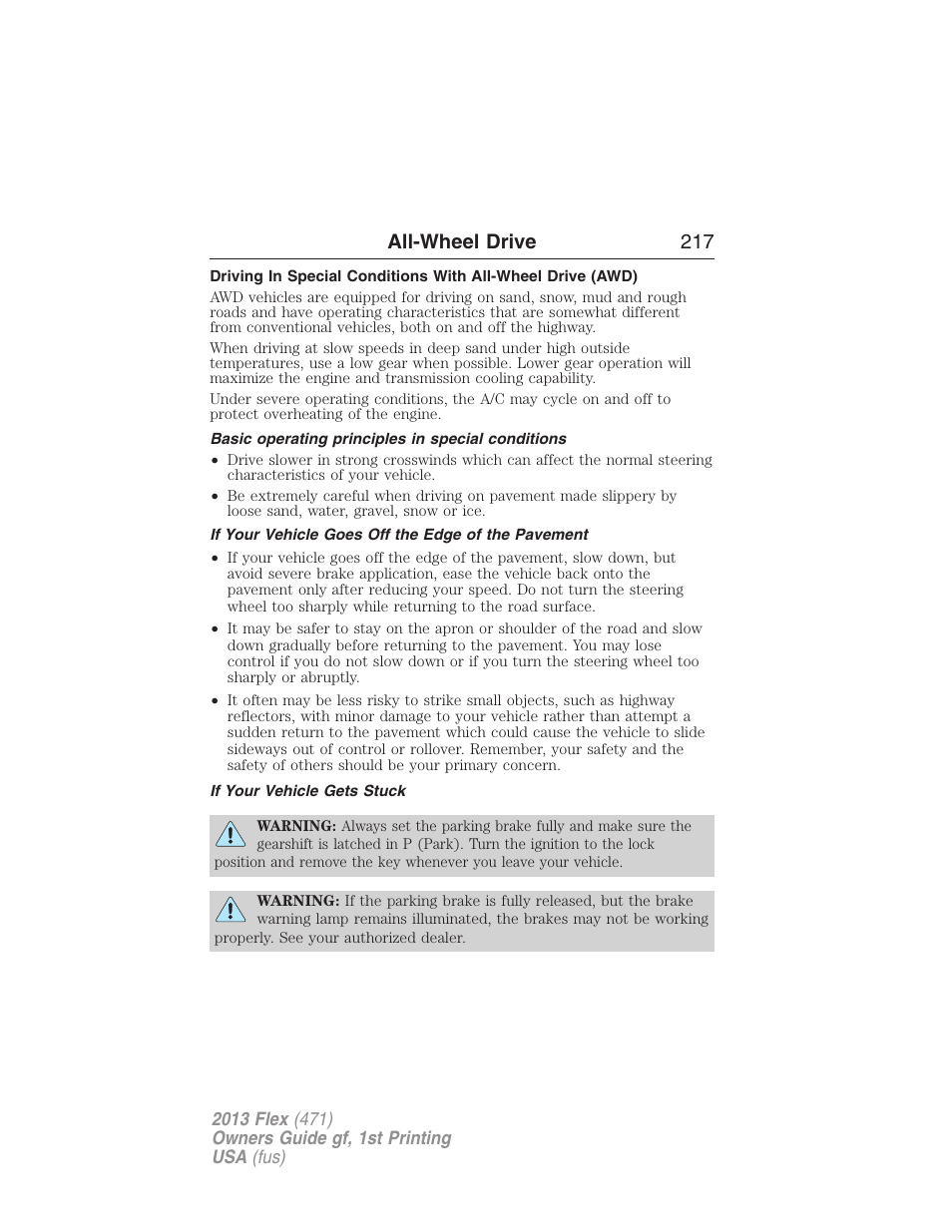 Basic operating principles in special conditions, If your vehicle goes off the edge of the pavement, If your vehicle gets stuck | All-wheel drive 217 | FORD 2013 Flex v.1 User Manual | Page 217 / 558