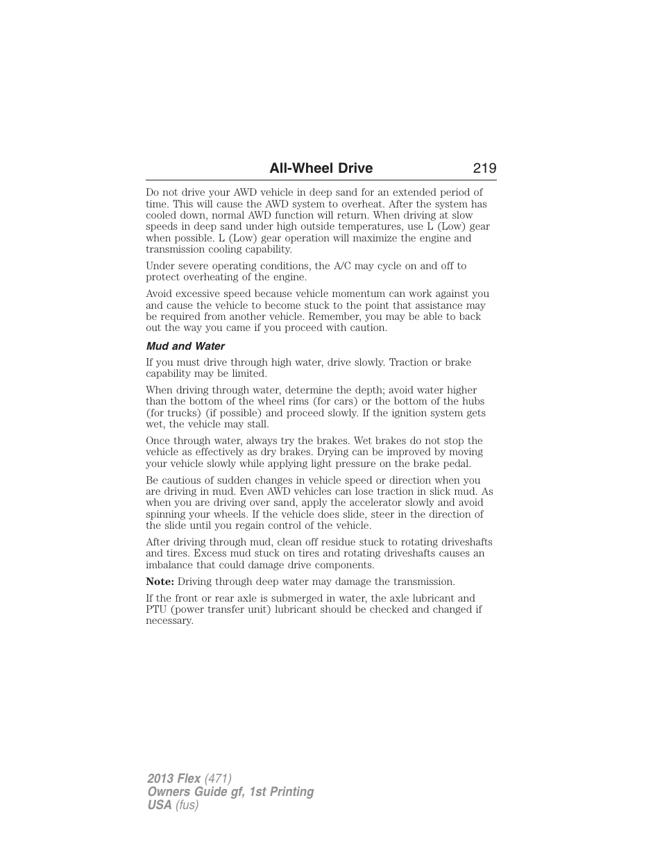 Mud and water, All-wheel drive 219 | FORD 2013 Flex v.1 User Manual | Page 219 / 558