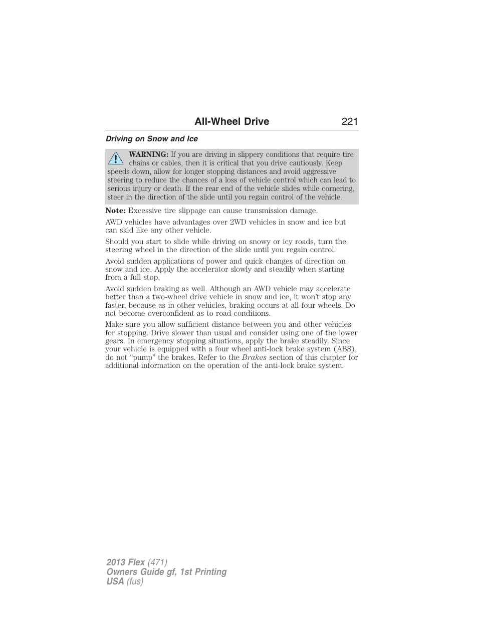 Driving on snow and ice, All-wheel drive 221 | FORD 2013 Flex v.1 User Manual | Page 221 / 558