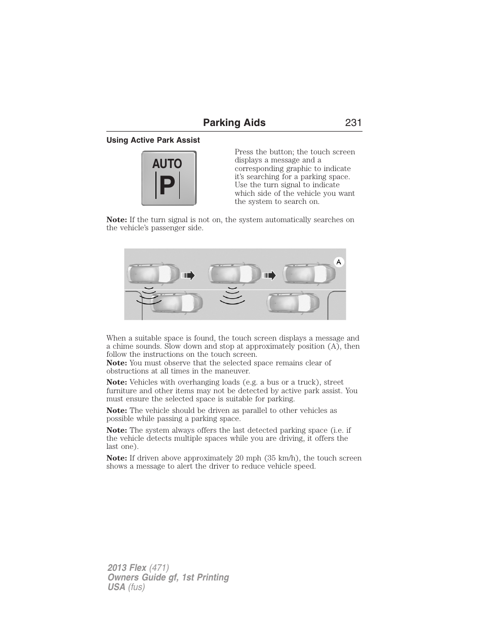 Using active park assist, Auto | FORD 2013 Flex v.1 User Manual | Page 231 / 558