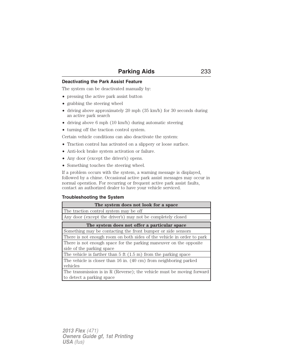Deactivating the park assist feature, Troubleshooting the system, Parking aids 233 | FORD 2013 Flex v.1 User Manual | Page 233 / 558