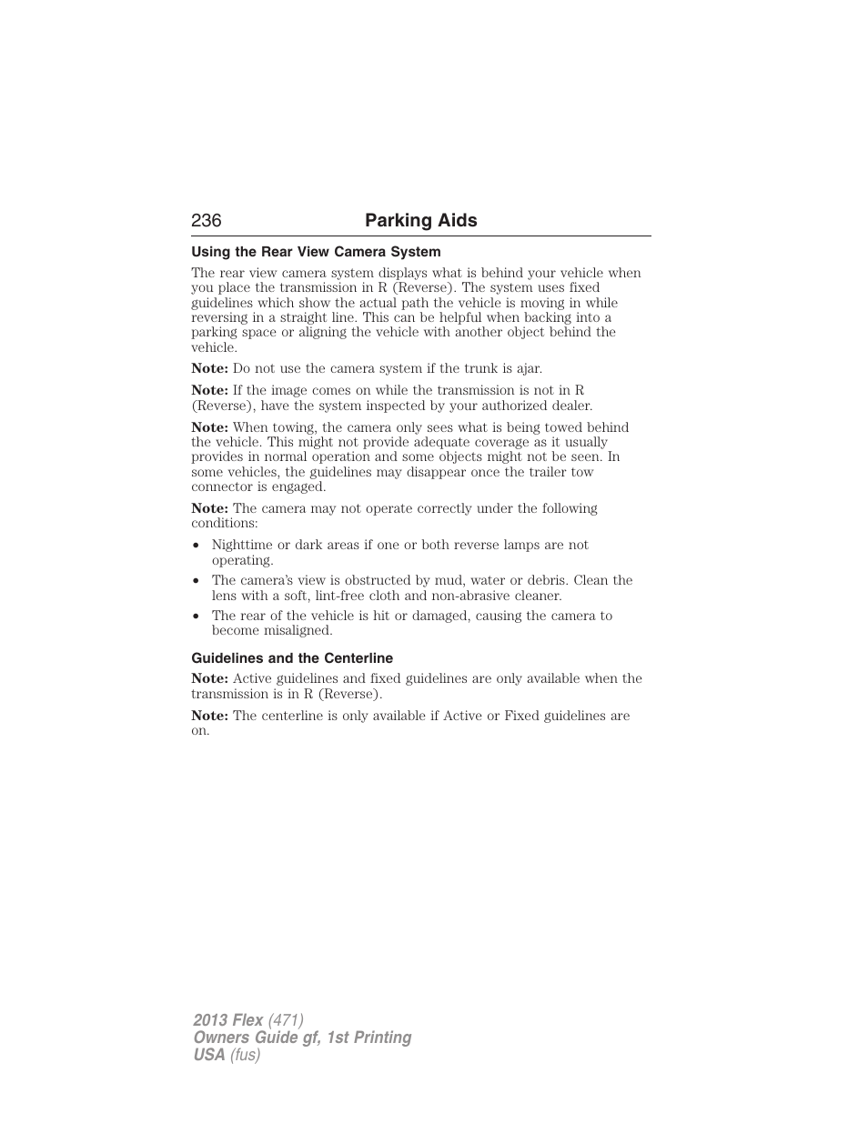 Using the rear view camera system, Guidelines and the centerline, 236 parking aids | FORD 2013 Flex v.1 User Manual | Page 236 / 558