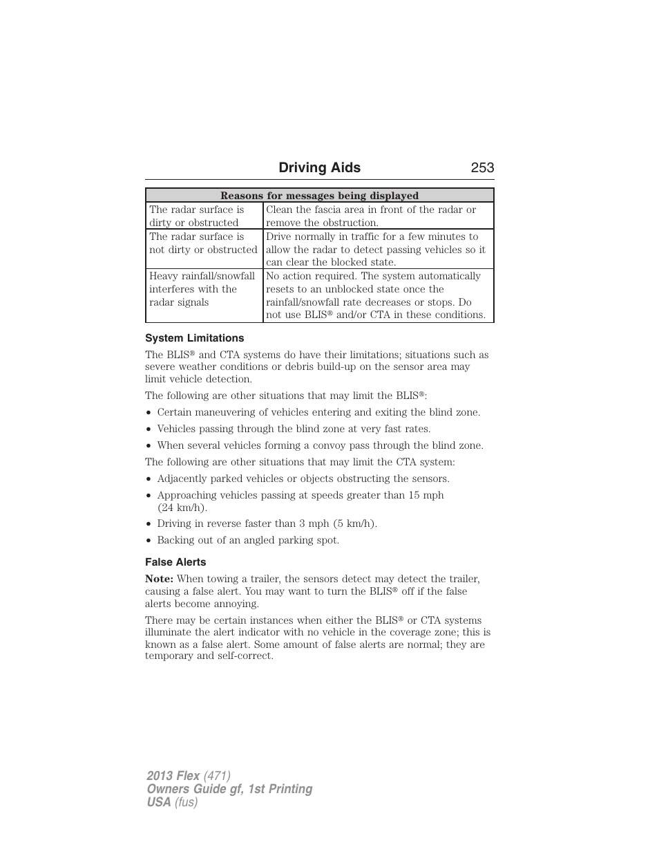 System limitations, False alerts, Driving aids 253 | FORD 2013 Flex v.1 User Manual | Page 253 / 558