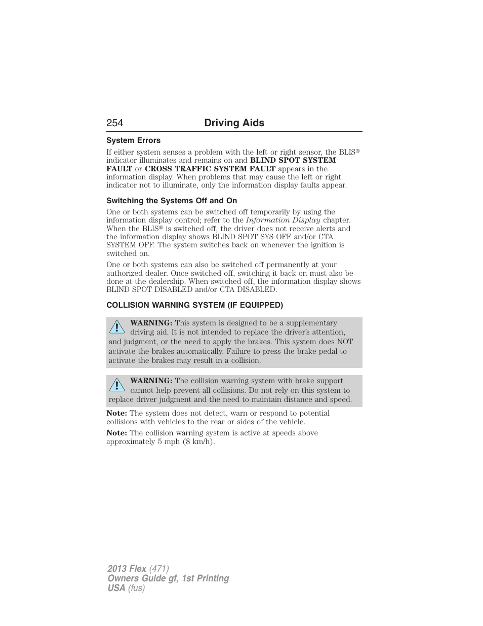 System errors, Switching the systems off and on, Collision warning system (if equipped) | Collision warning system, 254 driving aids | FORD 2013 Flex v.1 User Manual | Page 254 / 558