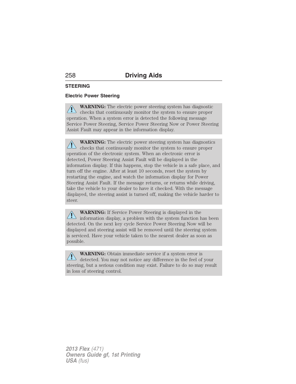 Steering, Electric power steering, 258 driving aids | FORD 2013 Flex v.1 User Manual | Page 258 / 558