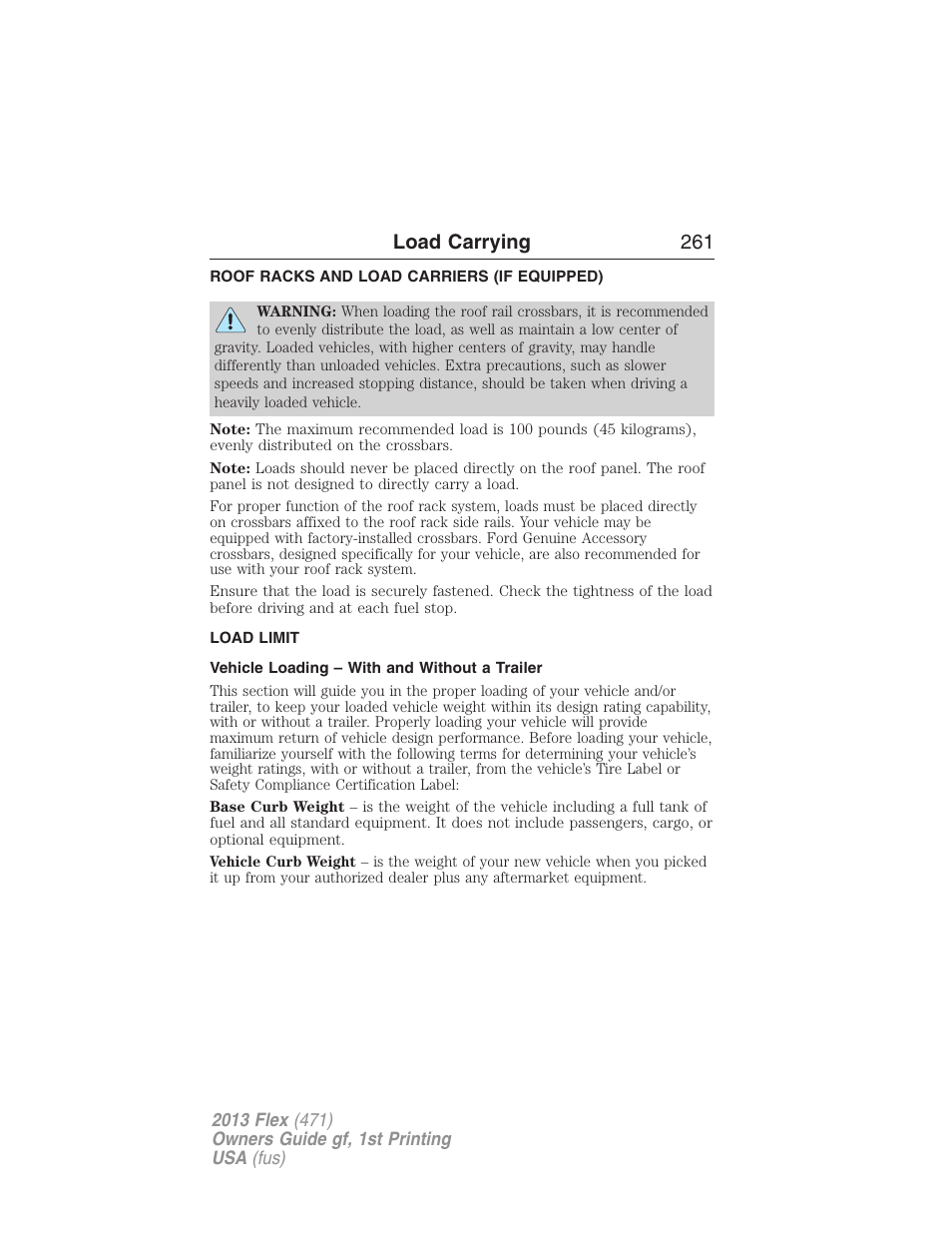 Roof racks and load carriers (if equipped), Load limit, Vehicle loading – with and without a trailer | Roof racks and load carriers, Vehicle loading, Load carrying 261 | FORD 2013 Flex v.1 User Manual | Page 261 / 558