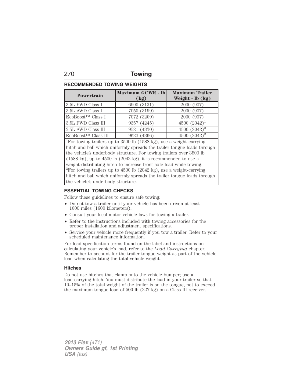 Recommended towing weights, Essential towing checks, Hitches | 270 towing | FORD 2013 Flex v.1 User Manual | Page 270 / 558